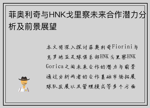菲奥利奇与HNK戈里察未来合作潜力分析及前景展望 菲奥利奇与HNK戈里察未来合作潜力分析及前景展望