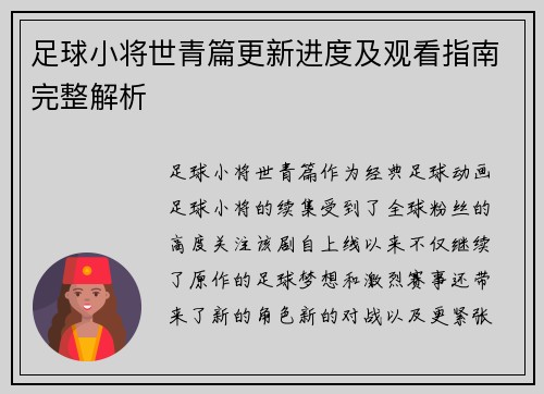 足球小将世青篇更新进度及观看指南完整解析 足球小将世青篇更新进度及观看指南完整解析